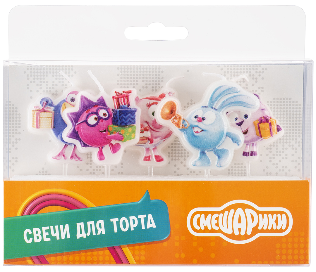 Свечи Смешарики, С Днем Рождения!, 4 + 4 см, 5 шт. с держат.