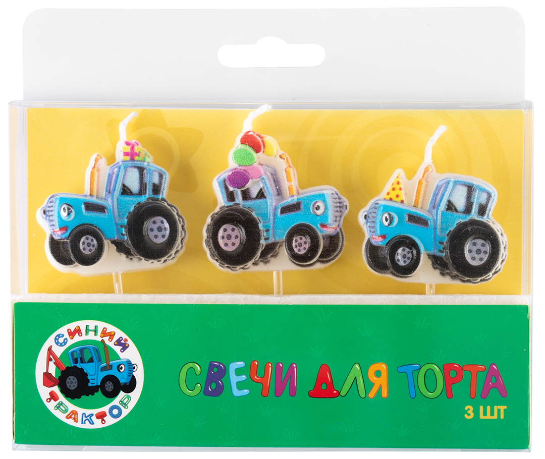 Свечи Фигура, Синий трактор, 3*4 + 4 см, 3 шт. с держат.