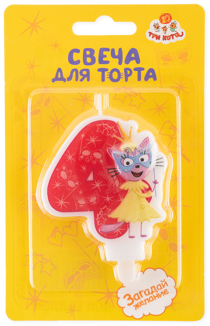 Свеча Цифра, 4 Три Кота, Лапочка, 6*6 + 1,5 см, 1 шт. с держат.