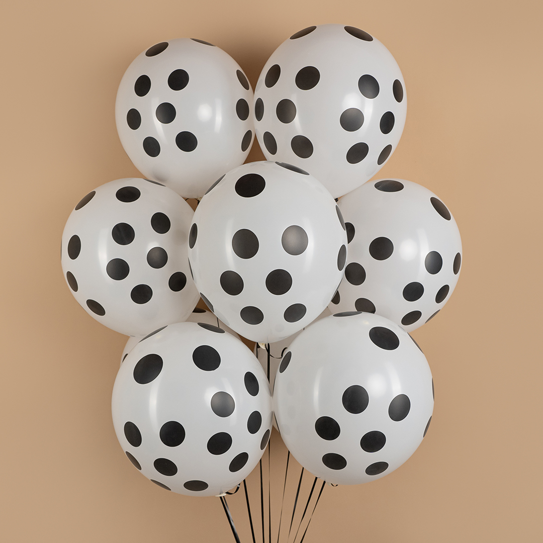 Шар (12''/30 см) Черные точки, Белый, пастель, 5 ст, 25 шт.